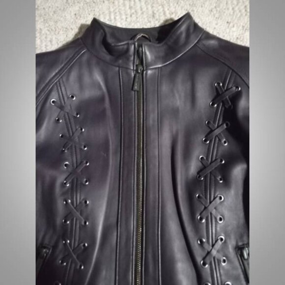 stunning! Michael Kors purple LEATHER jacket Coat size medium moto style - Picture 6 of 12